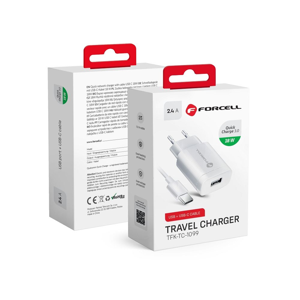 Puhelinlaturi Forcell F-Energy USB A QC3.0 2,4A 18W + kaapeli USB A - USB C TFK-TC-1099 valkoinen