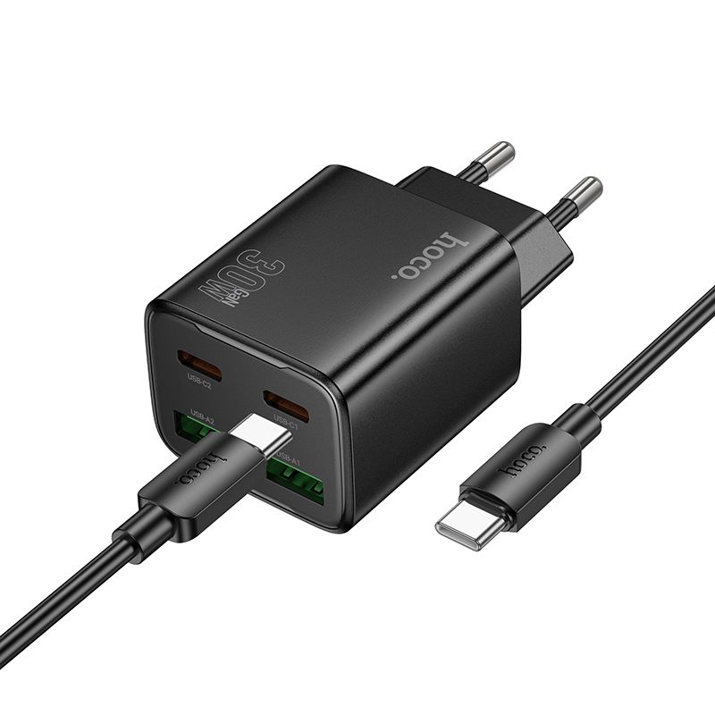 Puhelinlaturi Hoco 2 x USB C + 2 x USB A QC3.0 PD 3A 30W + kaapeli USB C - USB C N56 musta