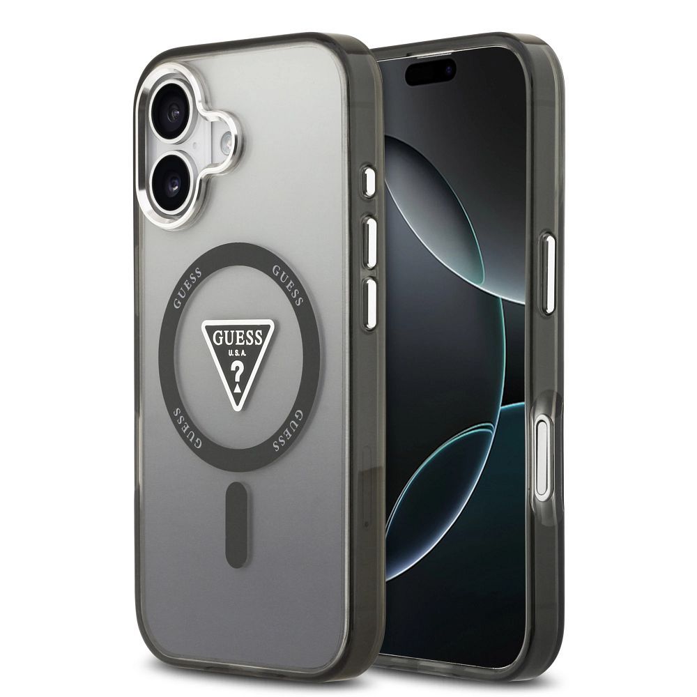Guess Suojakuori Magsafe IML Gradient Triangle Logo -painatuksella ja hopeisilla metallisilla kameranäppäimillä iPhone 17:lle musta
