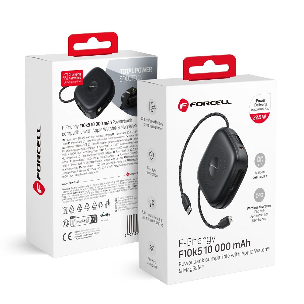 Ulkoinen akku yhteensopiva MagSafe:lle Forcell F-Energy F10K5 PD3.1 QC3.0 3A 22,5W 10000 mAh yhteensopiva Apple Watch:lle musta