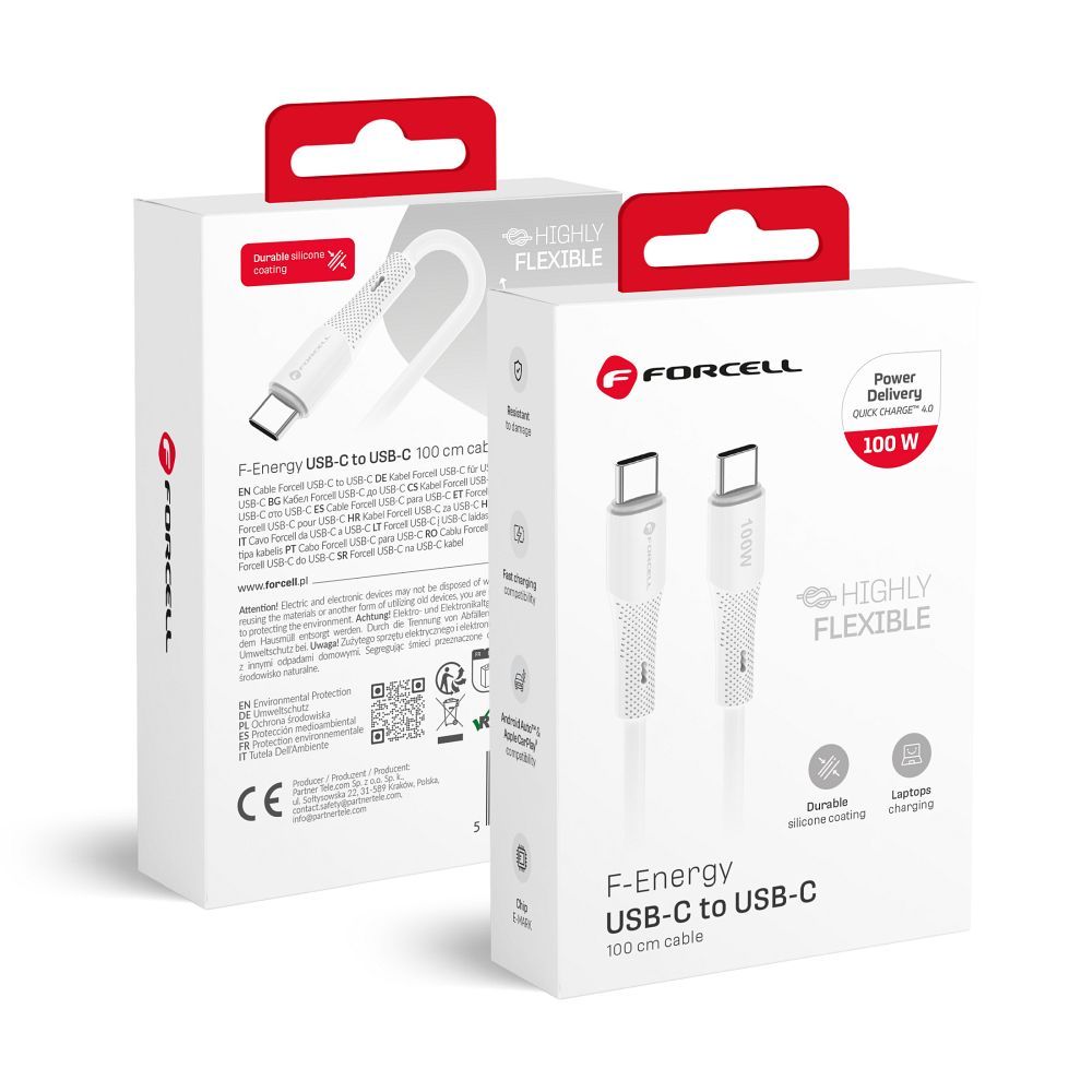 Kaapeli USB C - USB C Forcell F-Energy QC4.0 PD 5A 100W Silicone 1 m C347 valkoinen