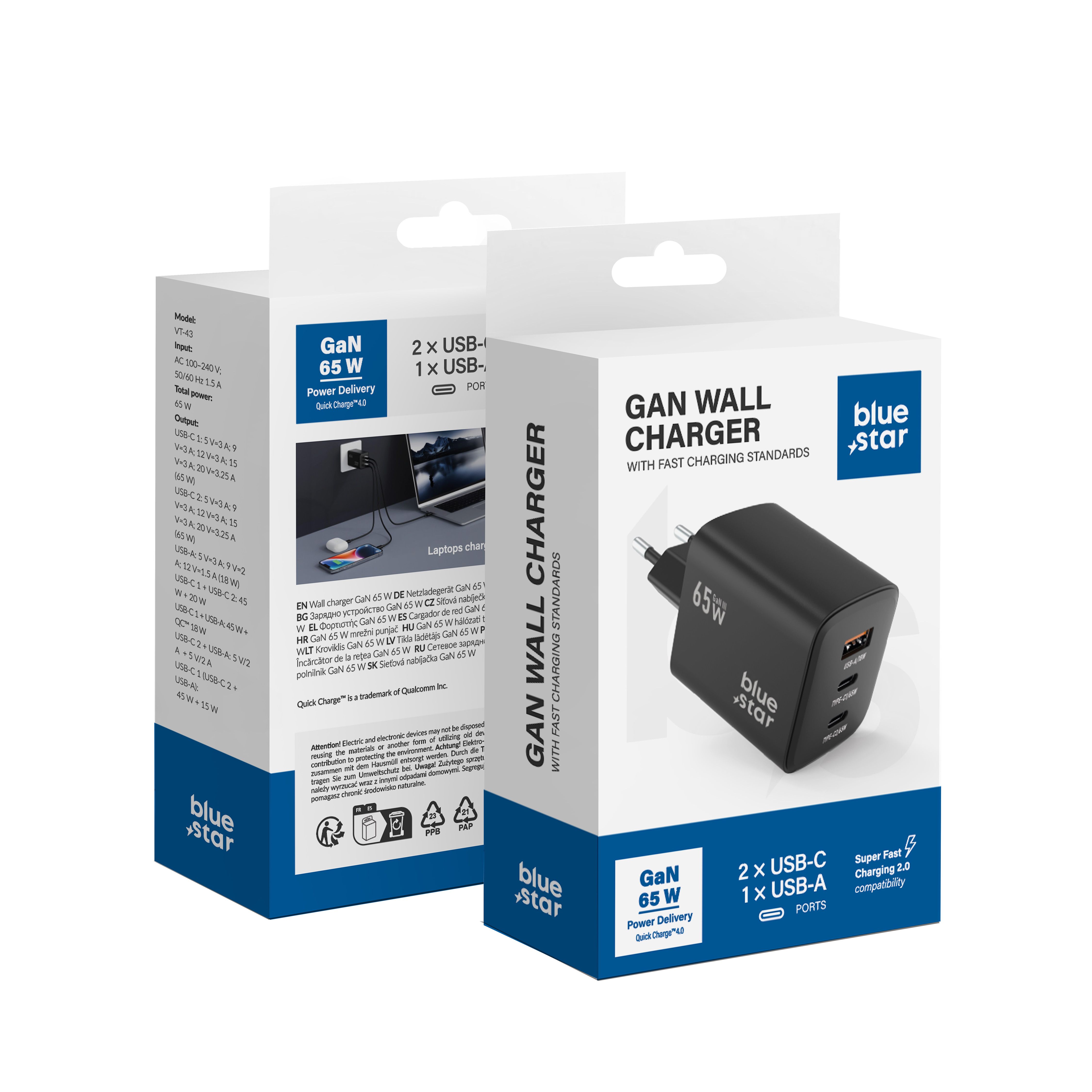 Puhelinlaturi Blue Star GaN 2 x USB C + USB A QC4.0 PD 4A 65W VT-43 musta
