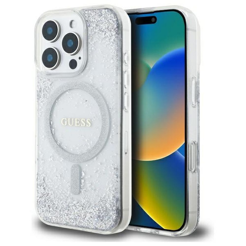 GUESS Suojakuori iPhone 16 Pro:lle MagSafe-yhteensopiva GUHMP16LRGRGES (Resin Gradient Glitter) hopeinen