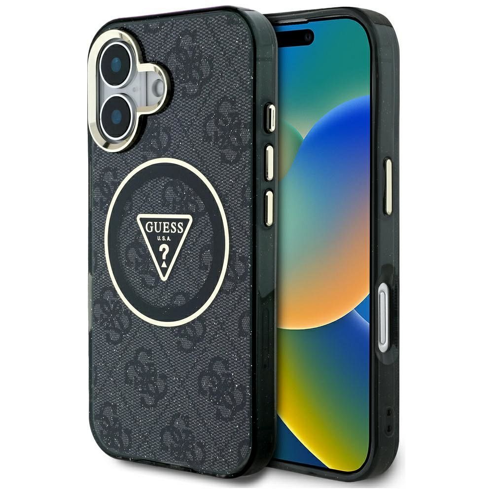 GUESS Suojakuori iPhone 16:lle MagSafe-yhteensopiva GUHMP16SHG4PRTGK (IML Metal Glitter 4G Circle Triangle) Musta