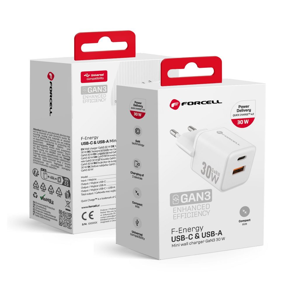 Puhelinlaturi Forcell F-Energy Mini GaN III USB C + USB A QC4.0 PD 30W VT-35 valkoinen
