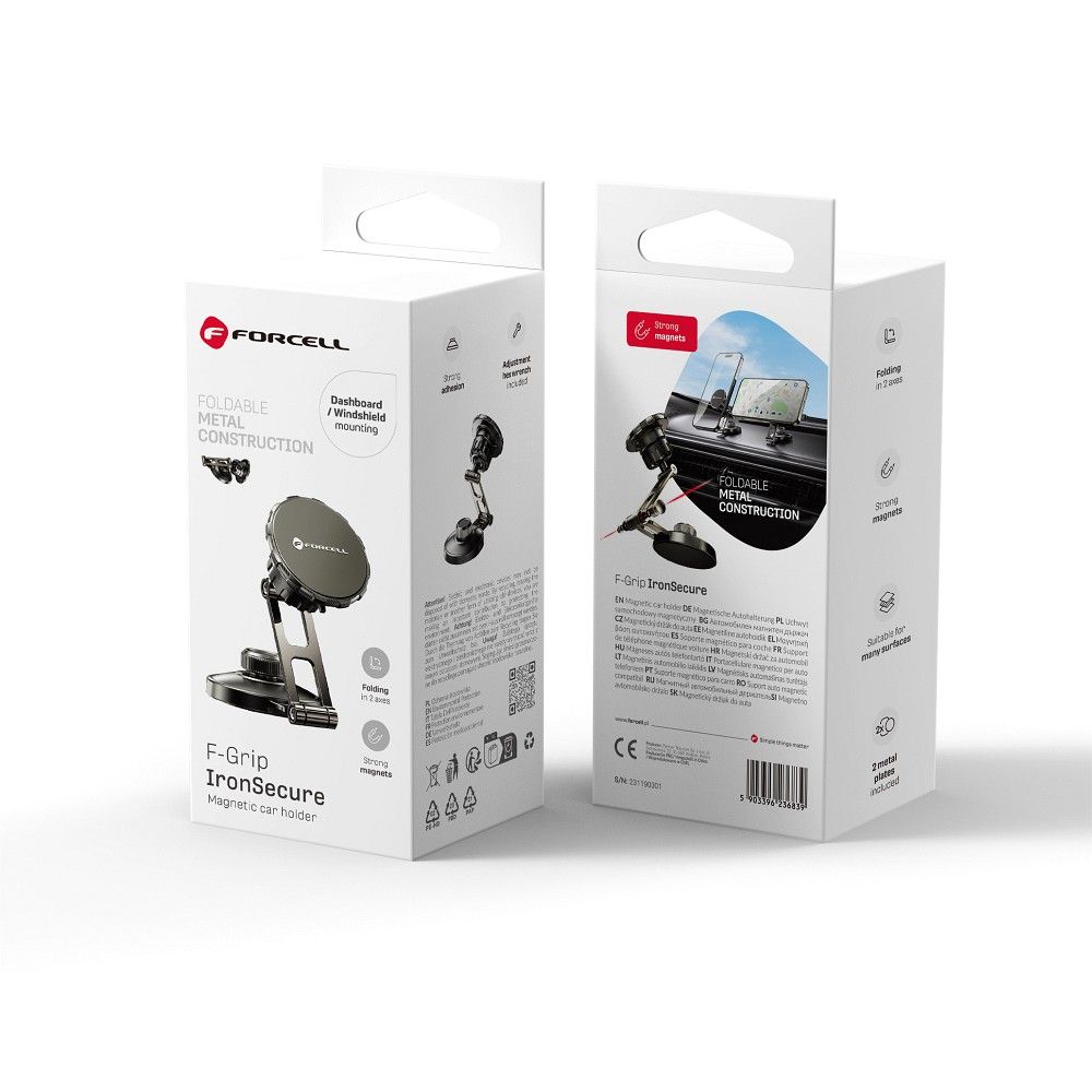 Magneettinen autopidike puhelimelle Forcell F-Grip IronSecure tuulilasiin / kojelautaan musta