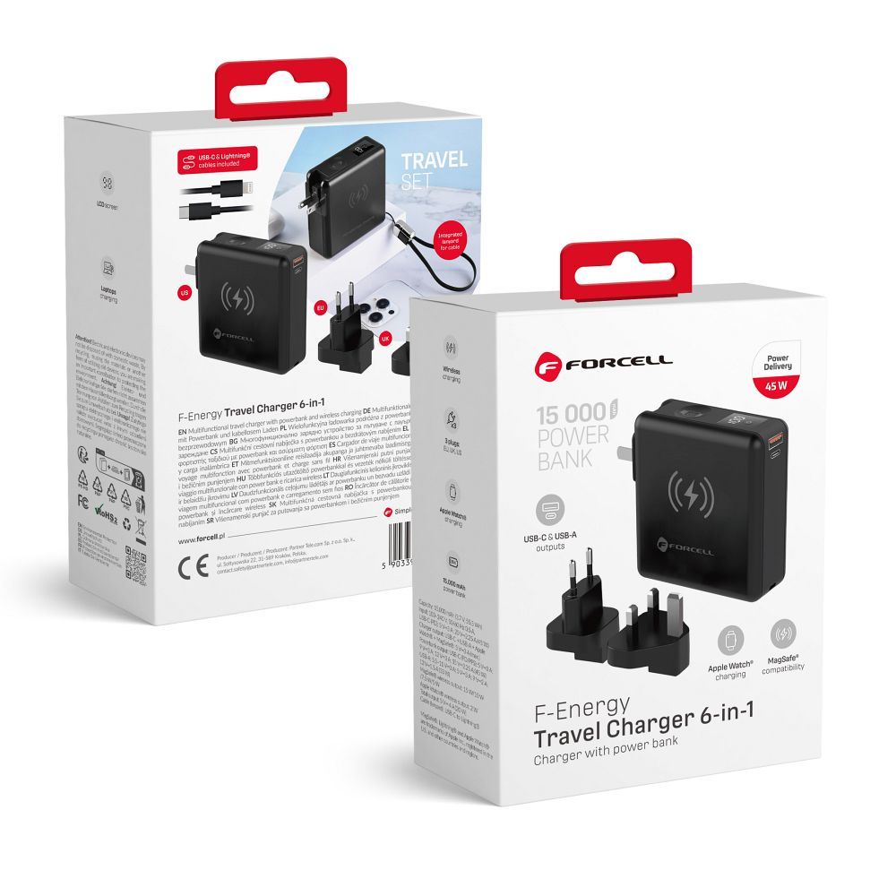 Monitoiminen laturi Forcell F-Energy 6in1 USB A + USB C PD 45W + varavirtalähde 15000 mAh + langaton lataus 15W musta