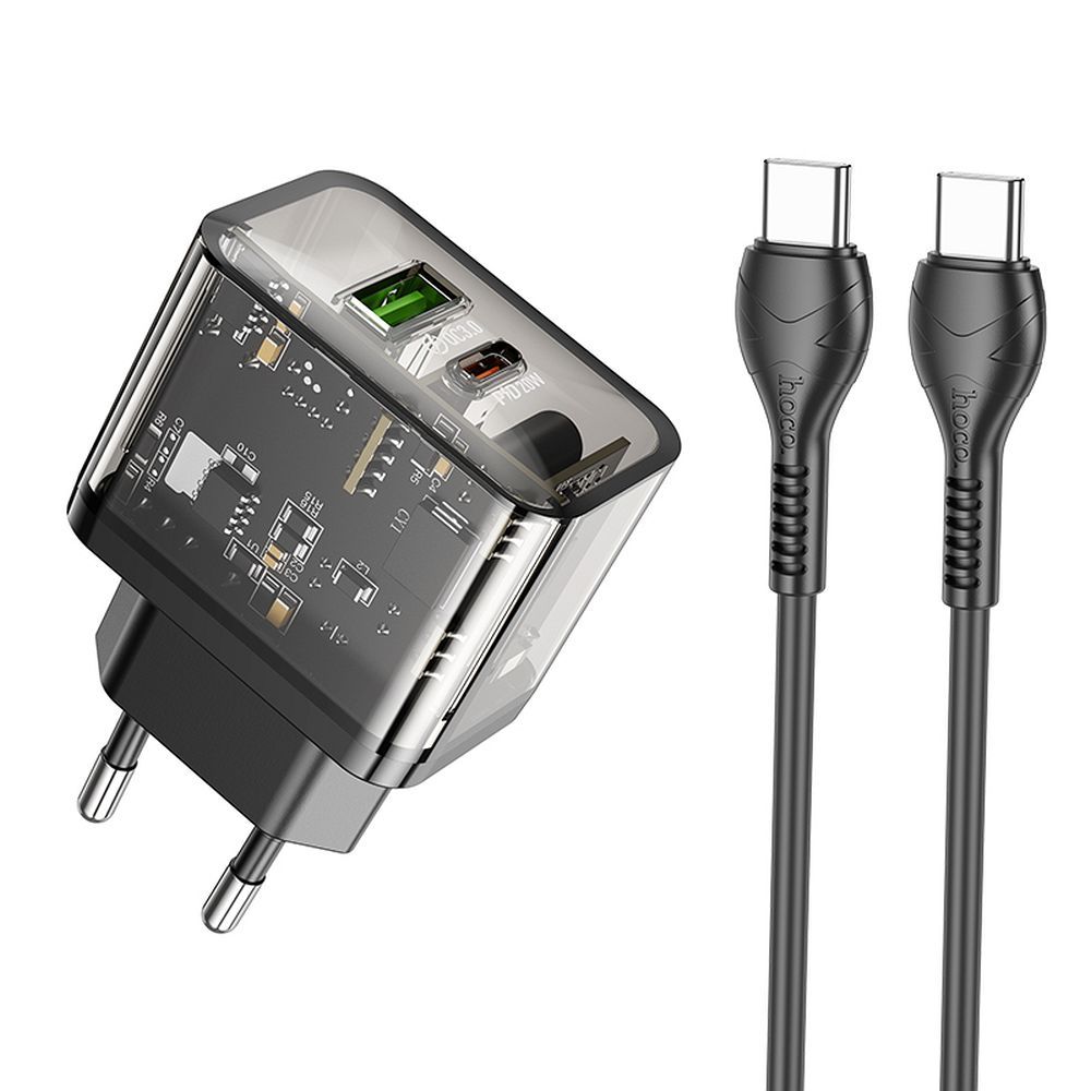 Puhelinlaturi Hoco USB A + USB C QC3.0 PD 3A 20W + kaapeli USB C - USB C N34 läpinäkyvä