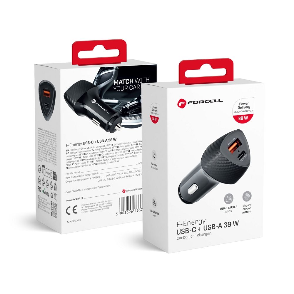 Autolaturi Forcell F-Energy Carbon USB C + USB A QC3.0 PD 3A 38W CC50-1A1C musta