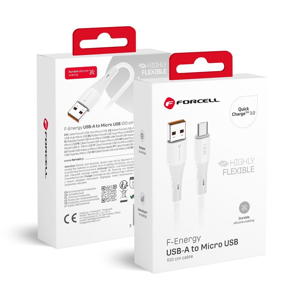Kaapeli USB A - Micro USB Forcell F-Energy QC3.0 2,4A 18W Silicone 1 m C341 valkoinen