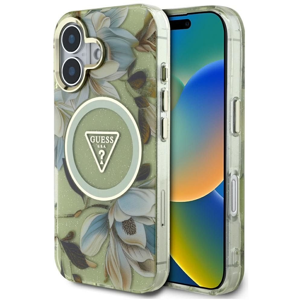 Guess suojakuori iPhone 16:lle MagSafe-tuella GUHMP16SHFLPEDN (IML Metal Glitter Flowers Triangle) - vihreä