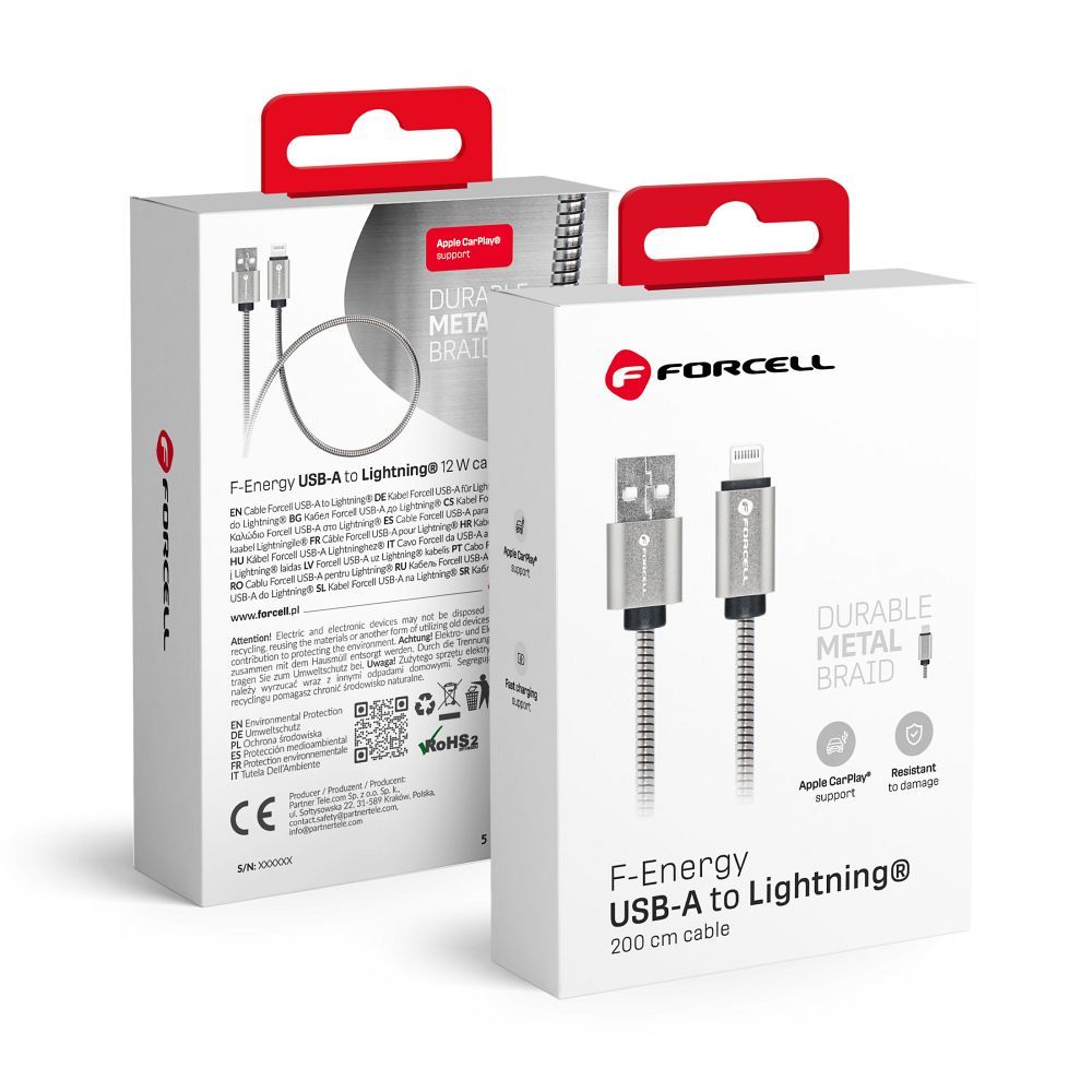 USB A - Lightning Forcell F-Energy 2,4A 12W Metal kaapeli 2 m C236 hopeinen