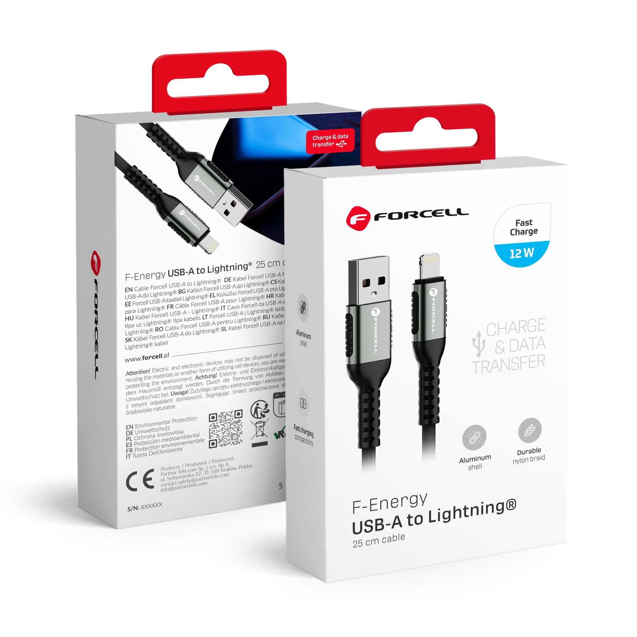 USB A - Lightning Forcell F-Energy 2,4A 12W Cafule kaapeli 0,25 m C257 musta