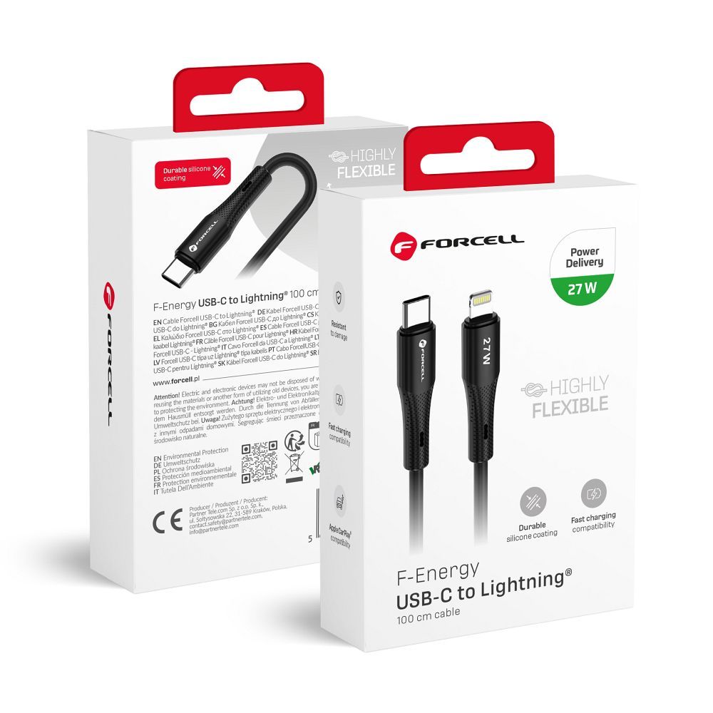 Kaapeli USB C - Lightning Forcell F-Energy PD 3A 27W Silikoninen 1 m C346 musta