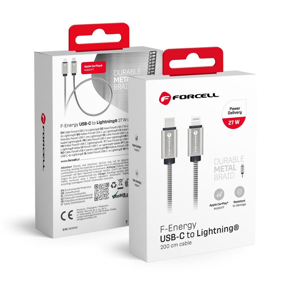 USB C - Lightning Forcell F-Energy PD 3A 27W Metal kaapeli 2 m C238 hopeinen