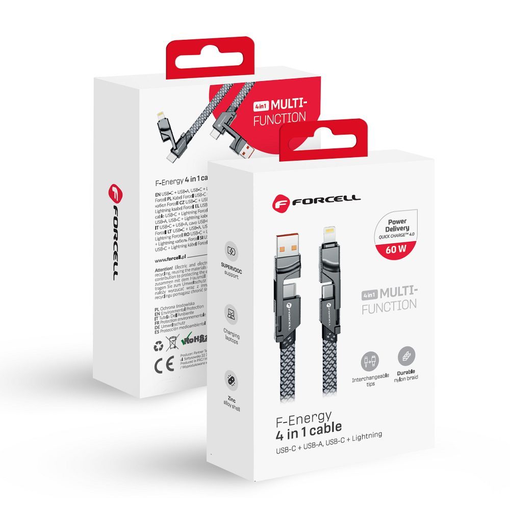 Kaapeli 4in1 USB C / USB A - USB C / Lightning Forcell F-Energy QC PD 3A 60W 1 m C241 kromi