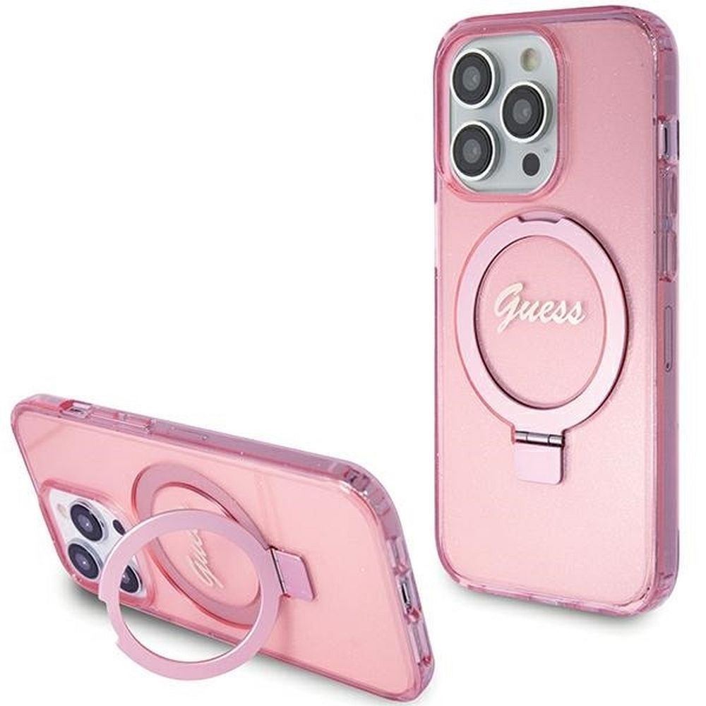 GUESS Suojakuori IPHONE 15 Prolle MagSafe-yhteensopiva GUHMP15LHRSGSP (Glitter Script Logo Ring stand) vaaleanpunainen