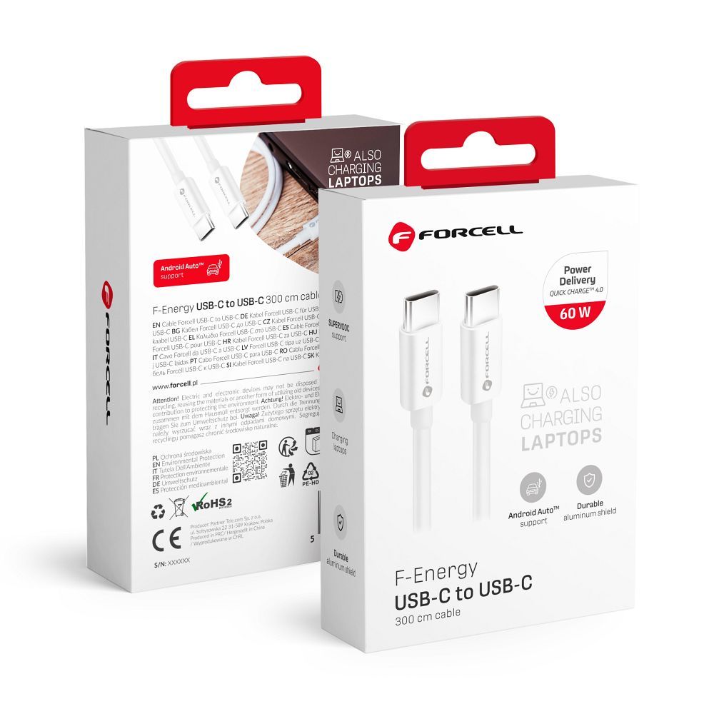 Kaapeli USB C - USB C Forcell F-Energy QC4.0 PD 3A 60W 3 m C338 valkoinen