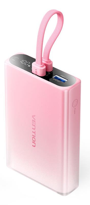 Vention 10 000 mAh varavirtalähde LED-näytöllä, USB-C + Lightning + USB-A, 22,5 W, vaaleanpunainen