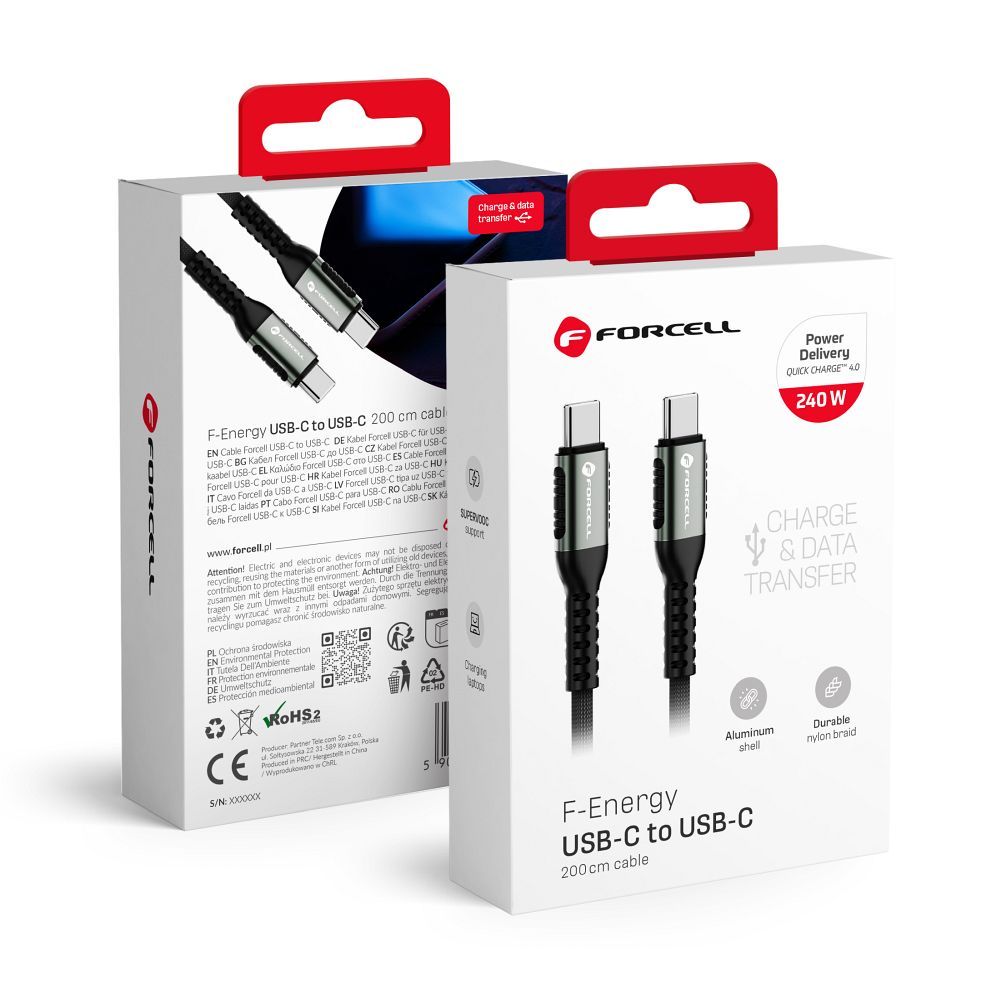 Kaapeli FORCELL F-ENERGY C263 Type C - Type C QC4.0 PD 5A 240W Cafule 2 m musta