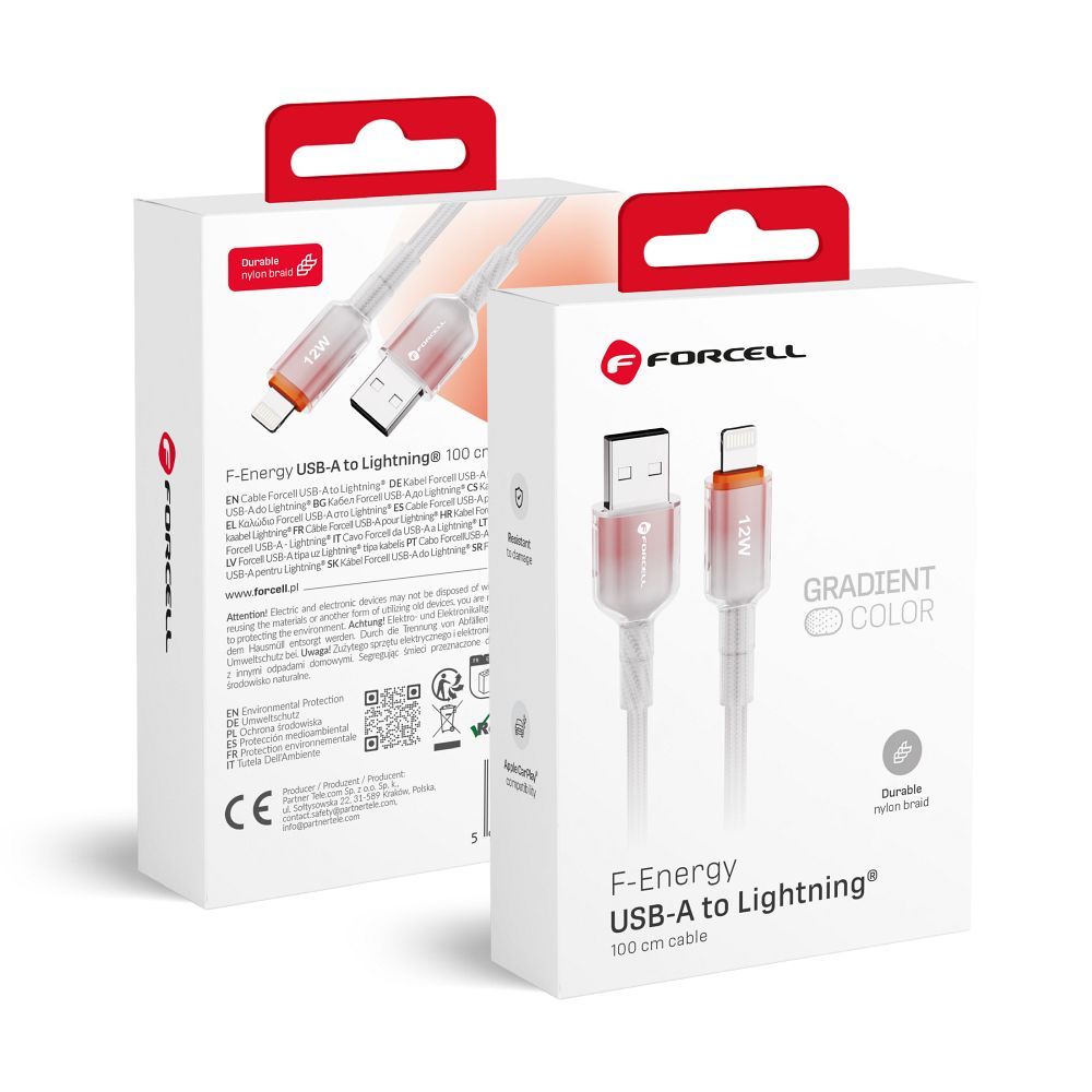 Kaapeli USB A - Lightning Forcell F-Energy 2.4A 12W Gradient 1 m C353 valkoinen