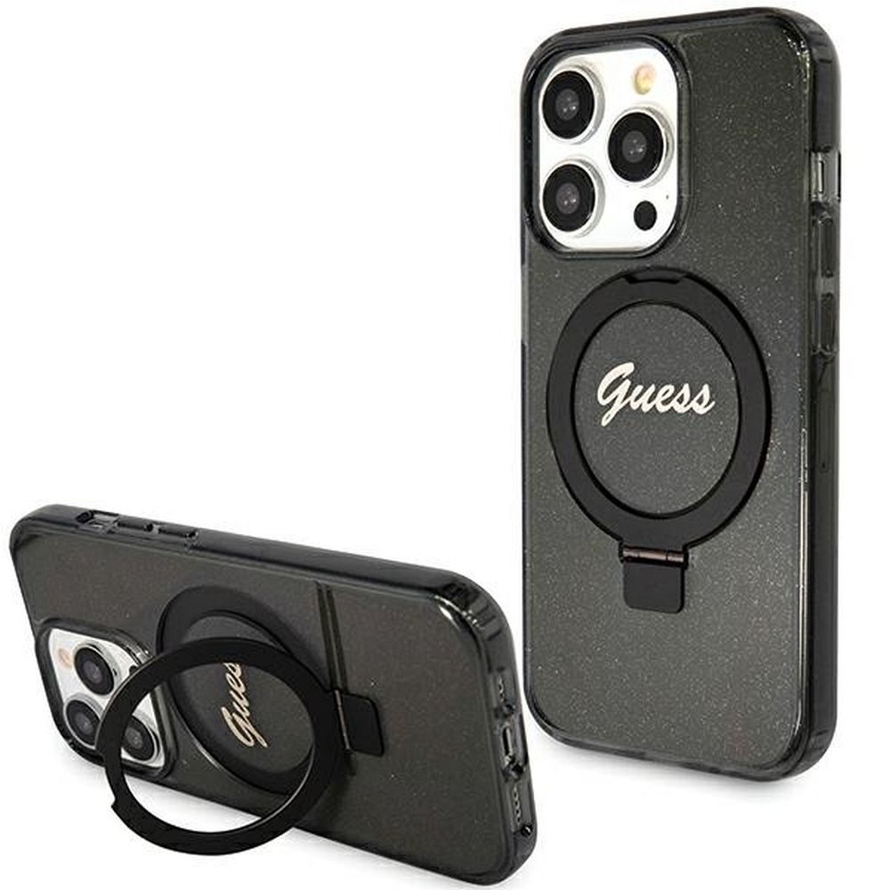 Alkuperäinen GUESS GUHMP15XHRSGSK Suojakuori iPhone 15 Pro Maxille (MagSafe-yhteensopiva / Glitter Script Logo / Ring stand / musta)