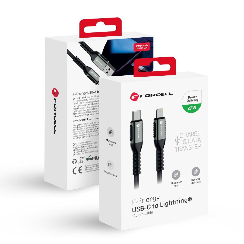 Kaapeli USB C - Lightning Forcell F-Energy PD 3A 27W Cafule 1,2 m C259 musta