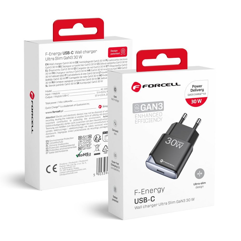 Puhelinlaturi Forcell F-Energy Ultra Slim GaN III USB C PD QC4.0 3A 30W B130101-E musta