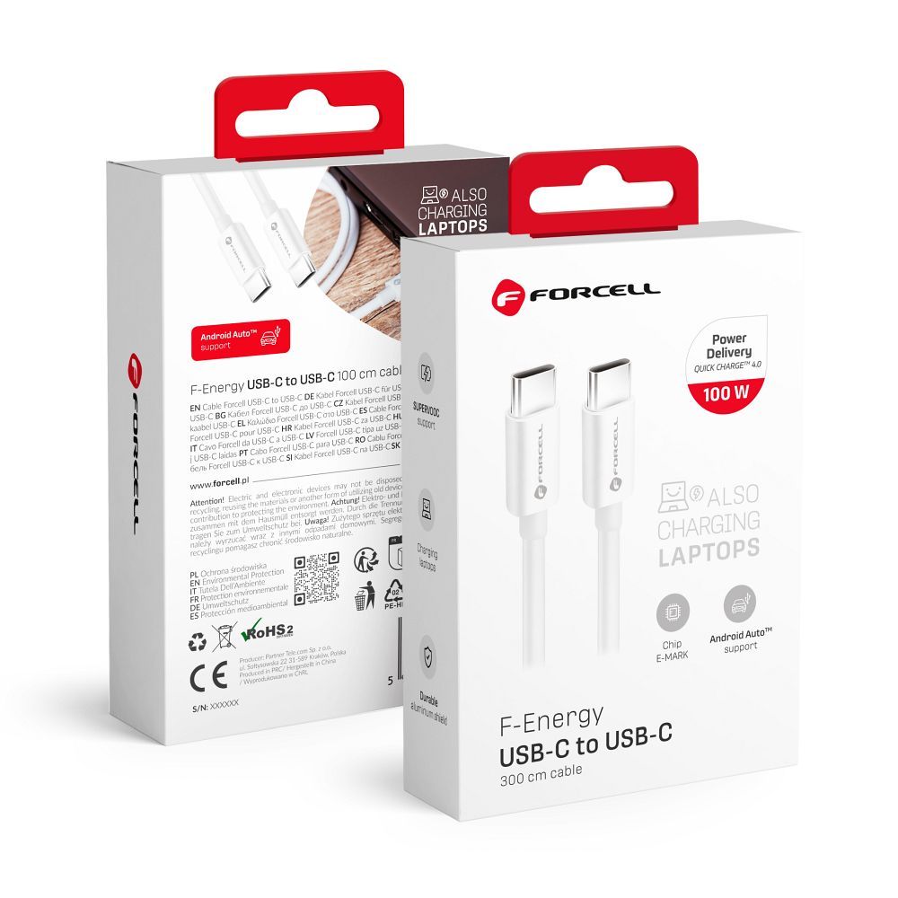 Kaapeli USB C - USB C Forcell F-Energy QC4.0 PD 5A 100W 3 m C339 valkoinen
