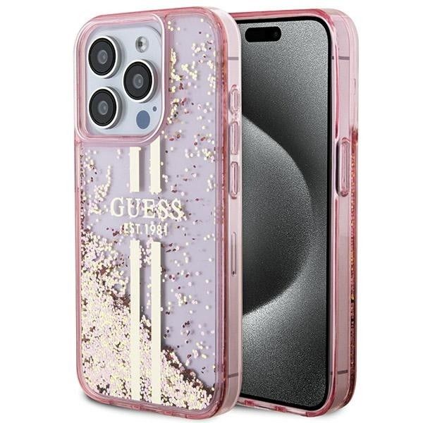 Guess suojakuori iPhone 15 Pro GUHCP15LLFCSEGP Liquid Glitter Gold Stripes vaaleanpunainen