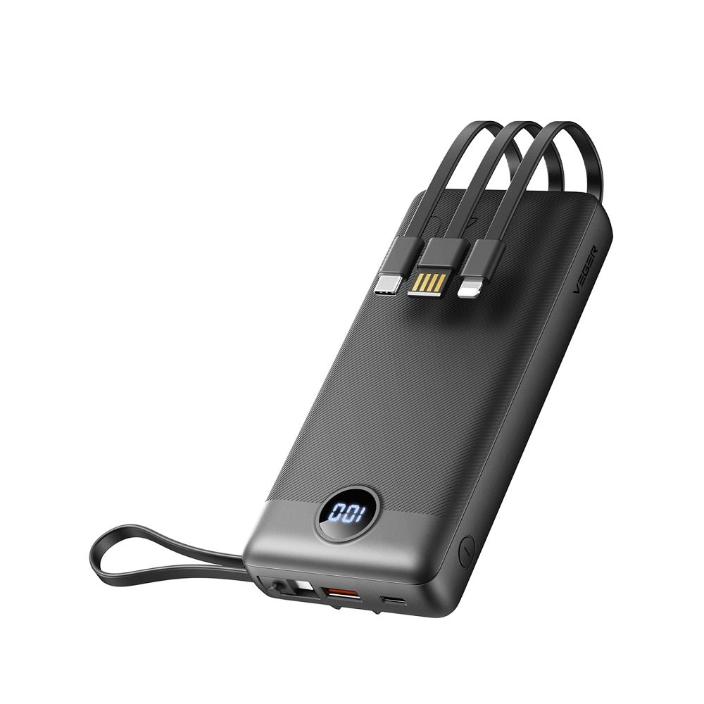 Ulkoinen akku Veger C20 (W2047 / W2059) 20000 mAh sisäänrakennetuilla Micro-USB-kaapeleilla / Type C / Lightning musta