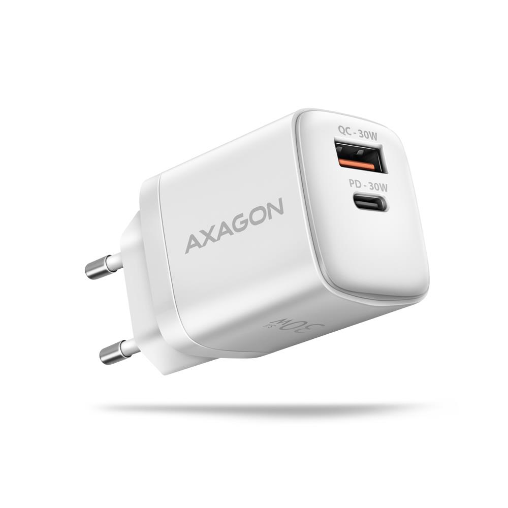 Seinälaturi USB 30W 2-porttinen valkoinen ACU-PQ30W AXAGON
