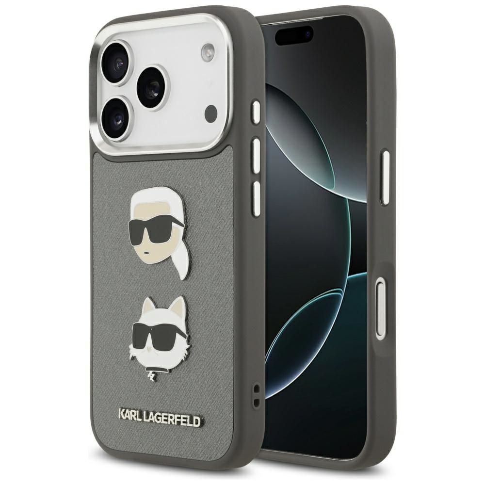 Karl Lagerfeld Suojakuori iPhone 17 Pro:lle KLHCP17LPSFDHPOG (FW Grained PU W/ K&C Heads Pin & Logo) - Harmaa