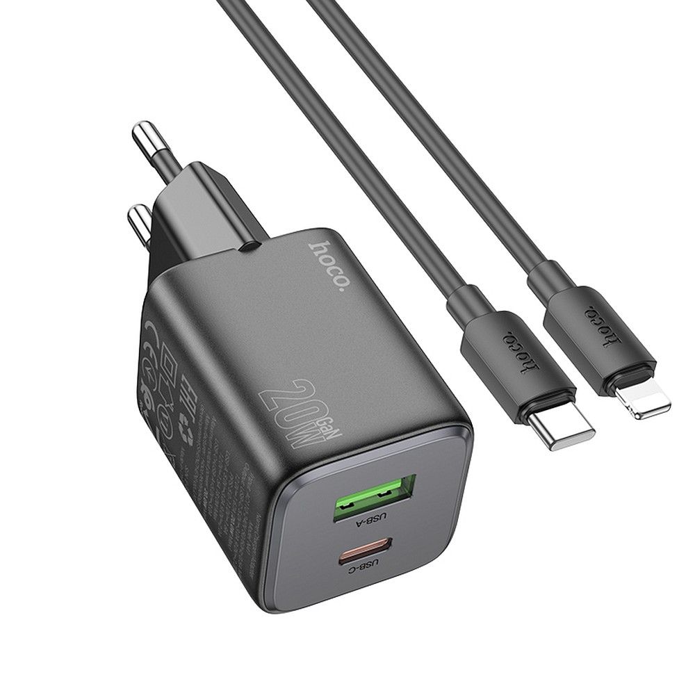 Laturi Hoco USB-A + USB-C QC PD 3A 20W + USB-C - Lightning -kaapeli N41 musta