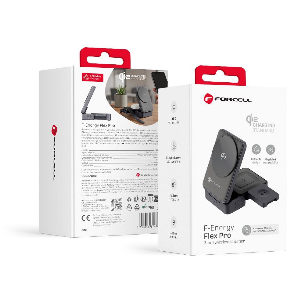 Langaton laturi Forcell F-Energy 3in1 Flex Pro Qi2 yhteensopiva MagSafe-n kanssa (F-05) hopeinen