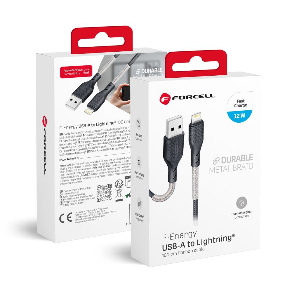 Kaapeli USB A - Lightning Forcell F-Energy 2,4A 12W Carbon 1 m CB-01A musta