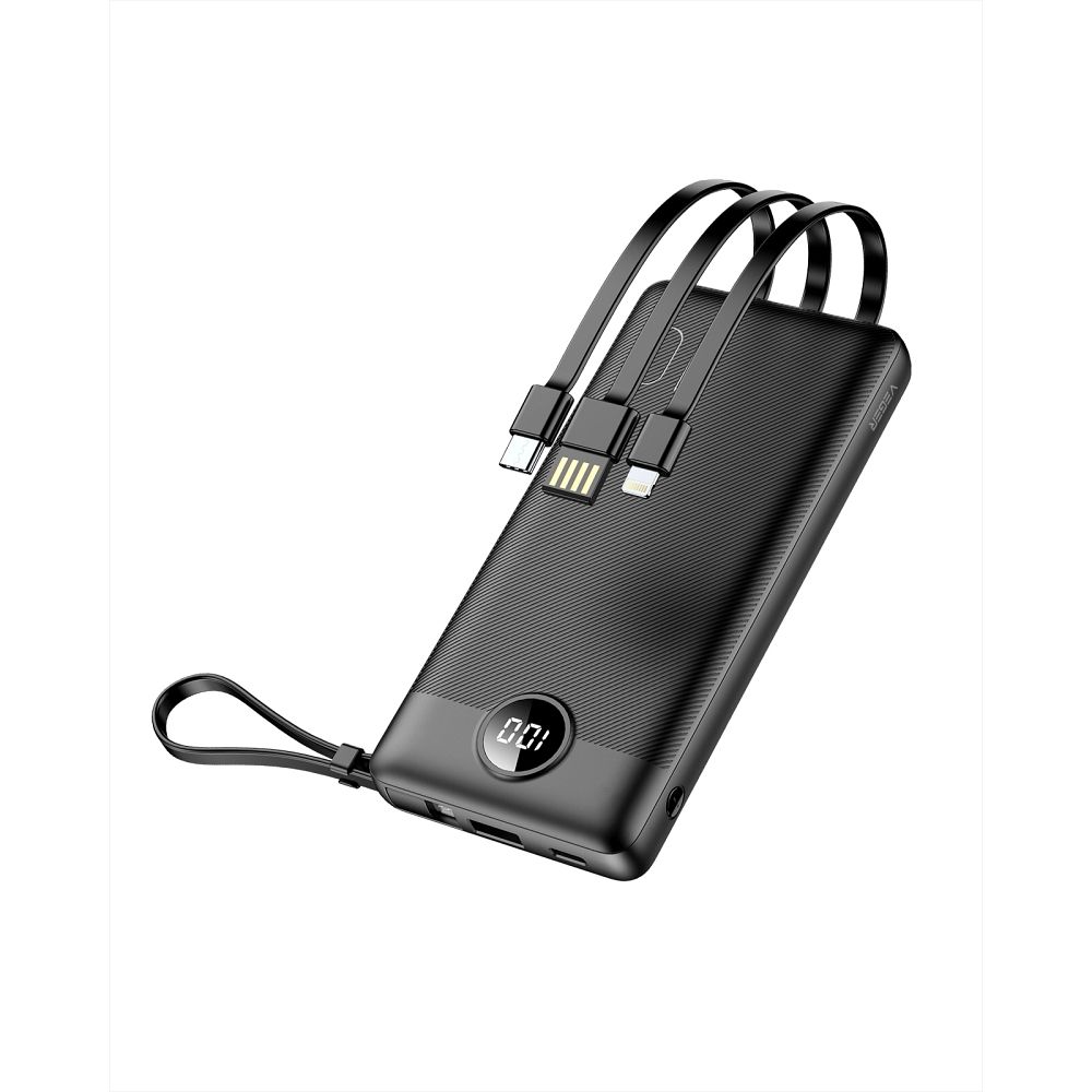 Varavirtalähde Veger C10 (W1116) 10000 mAh sisäänrakennetuilla Micro-USB / Type-C / Lightning -kaapeleilla musta