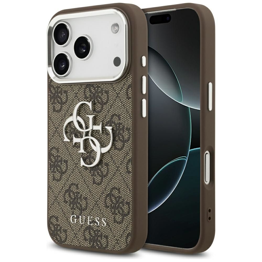 Guess Suojakuori iPhone 17 Pro:lle GUHCP17LP4G4SMCW (4G PU Nahkainen Big 4G ja Classic Logo ja Hopeinen Metallikamerakehys) Ruskea