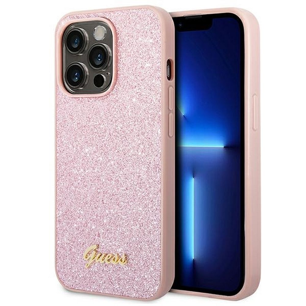 Guess Glitter Script kotelo iPhone 14 Pro Maxille - vaaleanpunainen