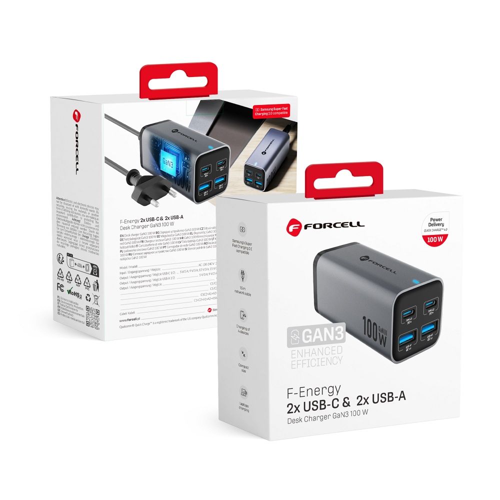 Pöytälaturi Forcell F-Energy GaN III 2 x USB C + 2 x USB A QC4.0 PD 5A 100W VT-49 harmaa