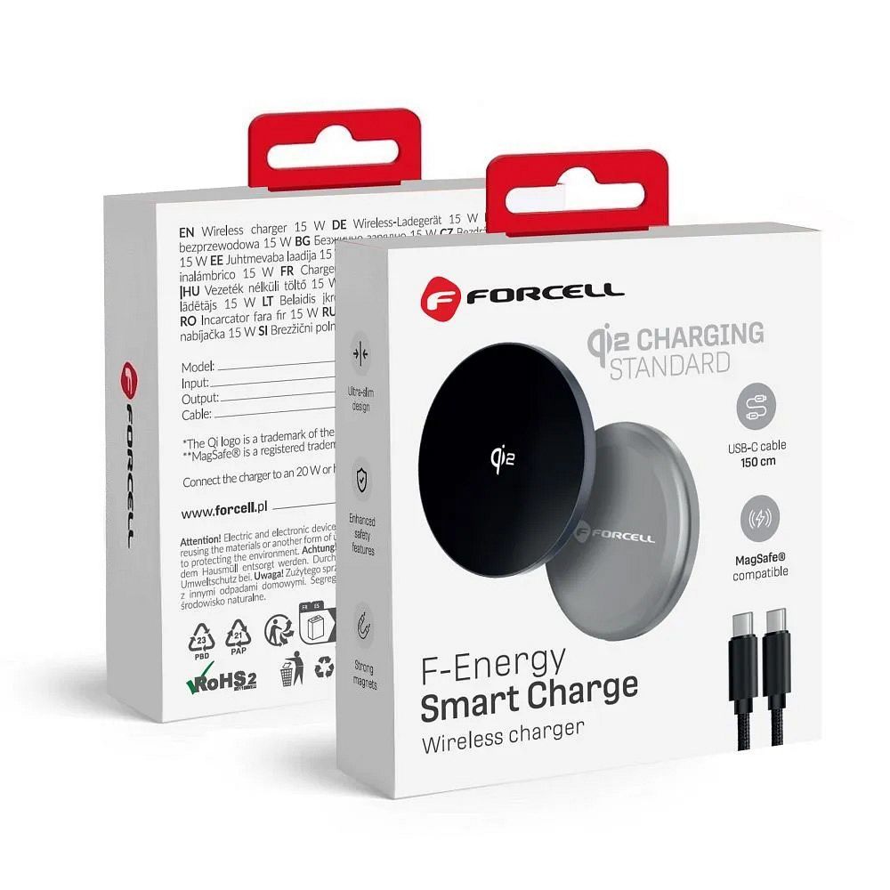 FORCELL F-ENERGY Smart Charge Qi2 15W langaton laturi 150cm irrotettavalla kaapelilla MagSafe-yhteensopiva hopea