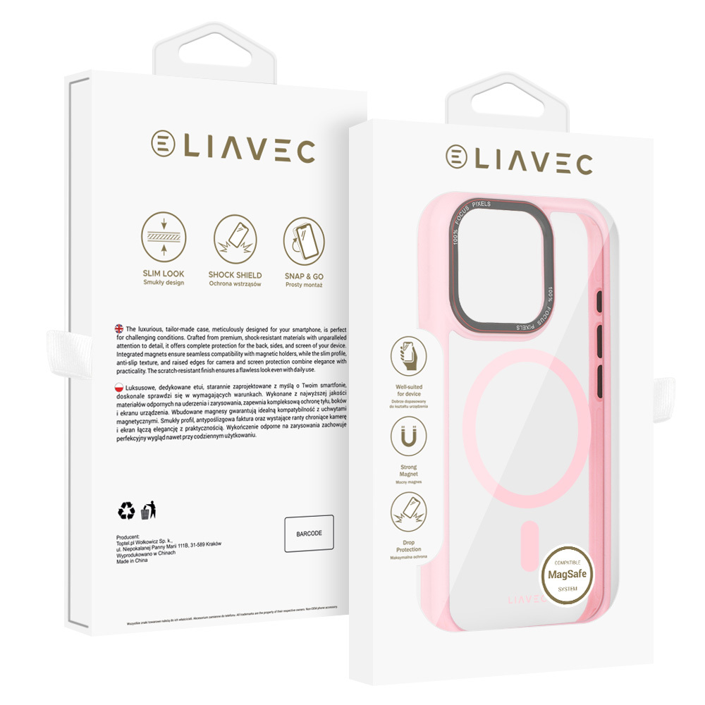 Liavec Hybrid Magsafe läpinäkyvä suojakuori iPhone 16 Pro Max:lle vaaleanpunainen