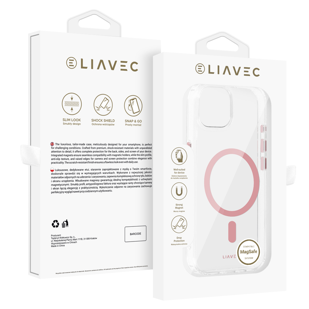 Liavec Glossy Magsafe Clear Case do Iphone 15 różowy