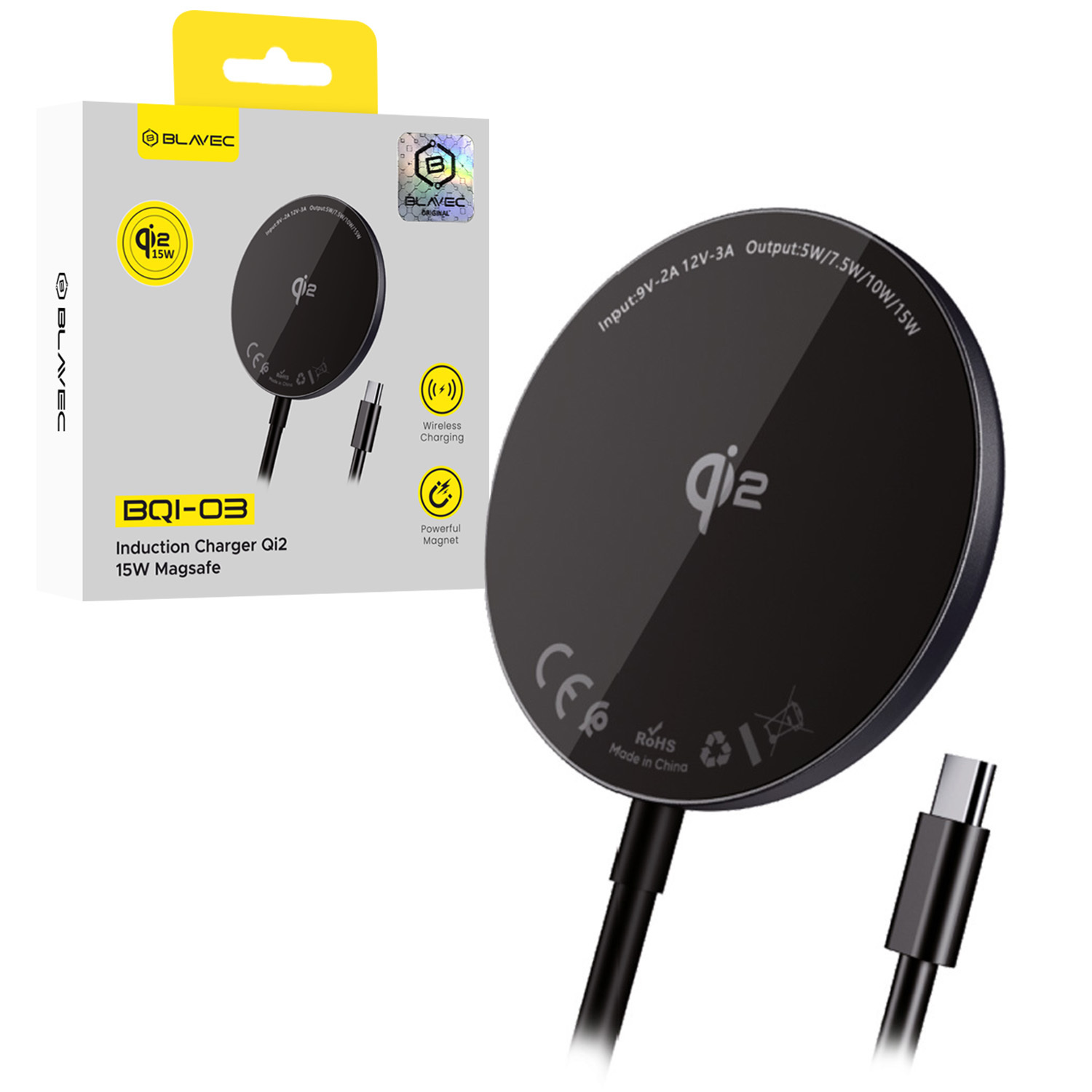 Blavec Induktiivinen laturi BQI-03 Qi2 15W magneettinen Magsafe (BQI03-QI2MB) musta