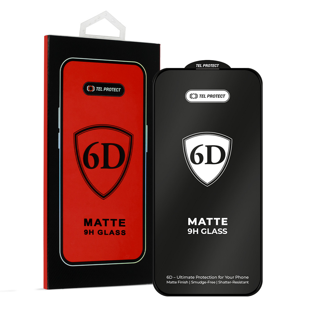 Tel Protect Full Glue 6D Matt karkaistu lasi iPhone 13/13 Pro/16E/17E:lle musta