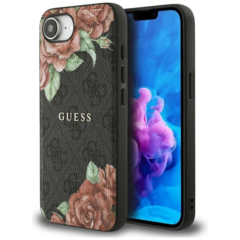 GUESS 4G Flowers Print MagSafe Alkuperäinen Suojakuori iPhone 17e/16e:lle - Musta