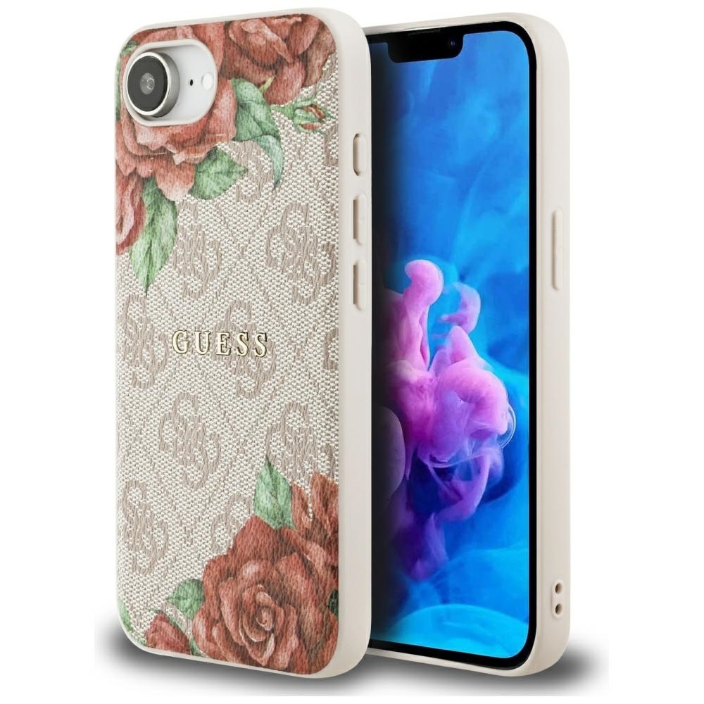 GUESS 4G Flowers Print MagSafe Alkuperäinen Suojakuori iPhone 17e/16e:lle - Vaaleanpunainen