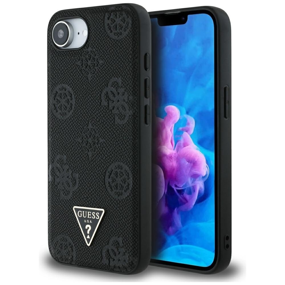 GUESS Grained Hot Stamp Peony Triangle Logo MagSafe Alkuperäinen Suojakuori iPhone 17e/16e:lle - Musta