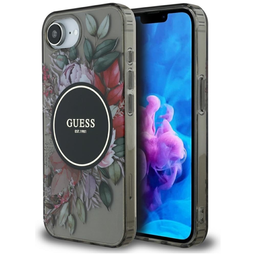 GUESS IML Flowers MagSafe Alkuperäinen Suojakuori iPhone 17e/16e:lle - Musta