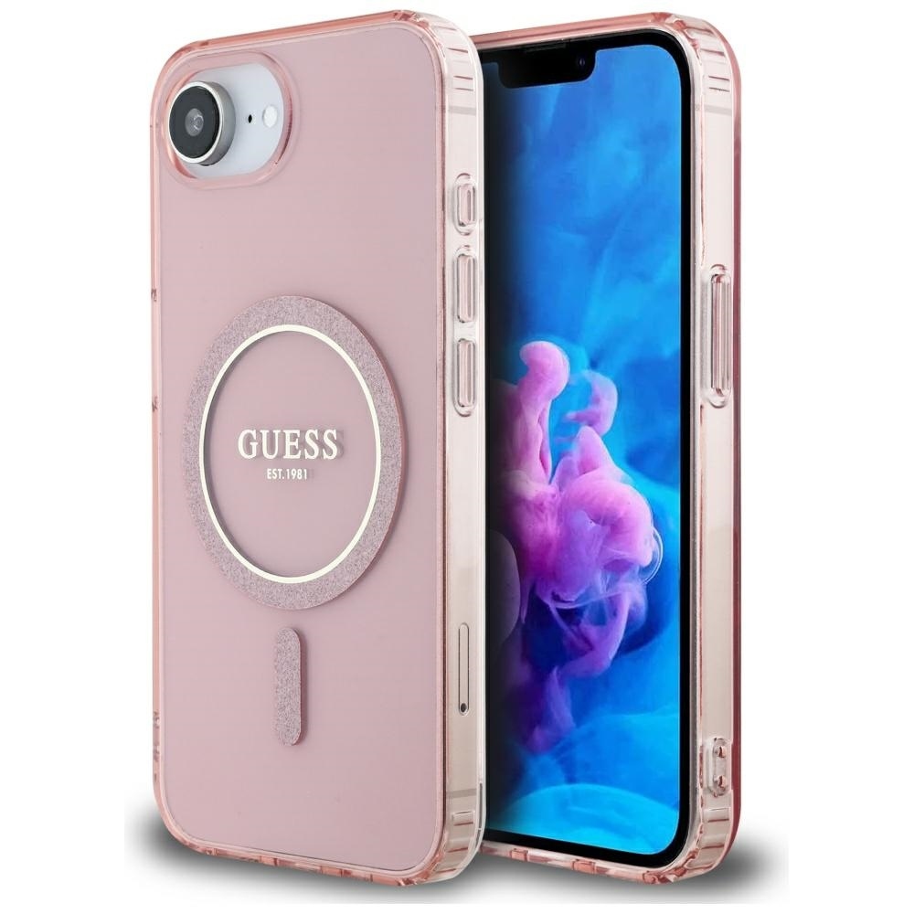 GUESS IML Glitter Circle MagSafe Alkuperäinen Suojakuori iPhone 17e/16e:lle - Vaaleanpunainen